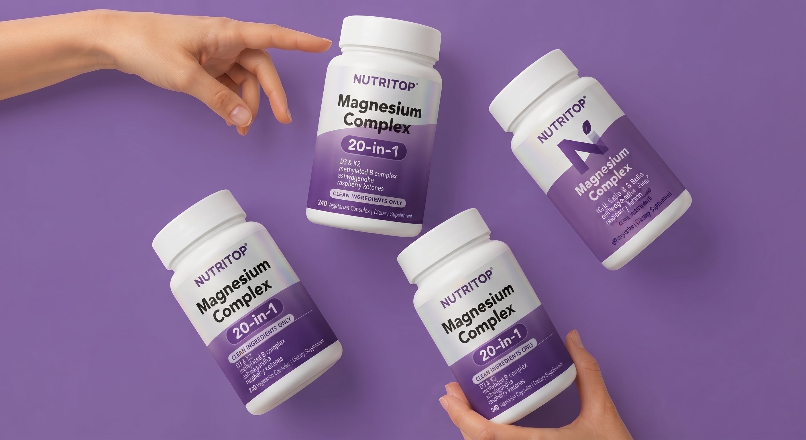 Nutritop Magnesium Complex supplement bottles on a purple background
